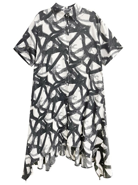 Asymmetrical Print Single Breasted Loose Dress