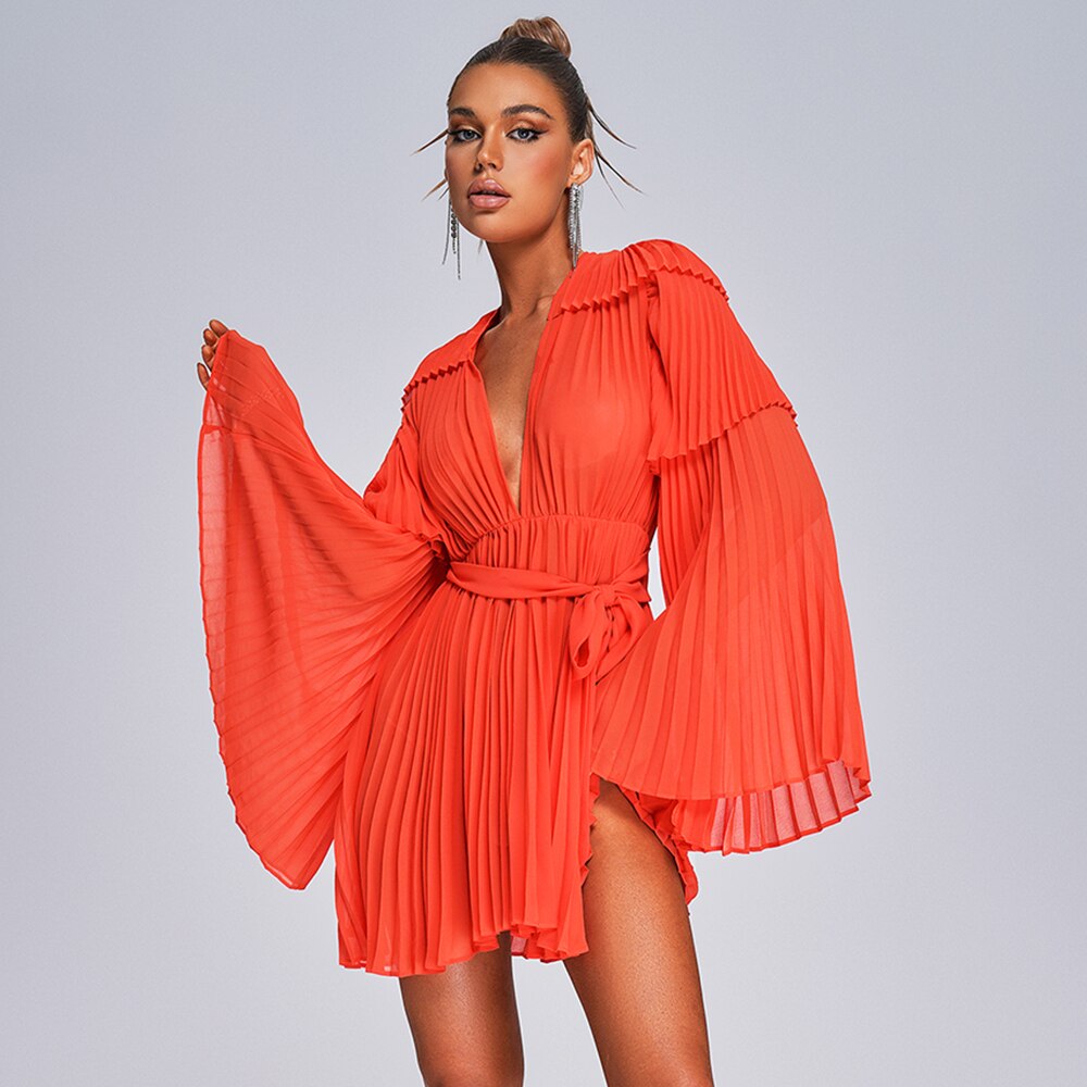 Flare Long Sleeve V-neck Pleated Chiffon Dress