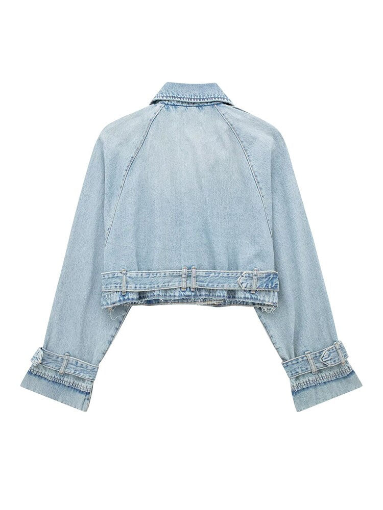 Denim Long Sleeve Belted Cropped Jacket