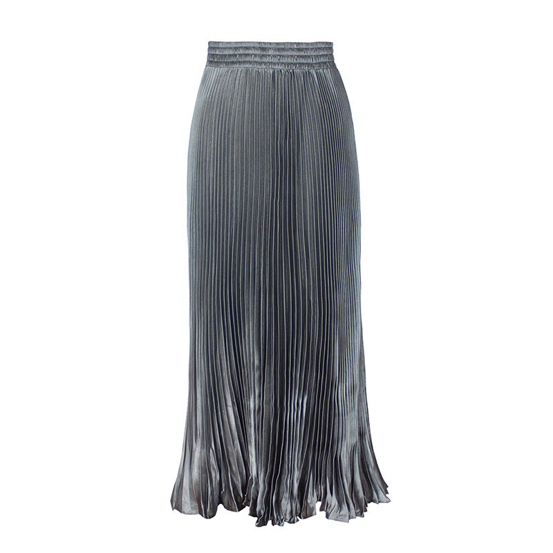 Satin Metallic Pleated Skirt Long Organ Skirt Long Skirt