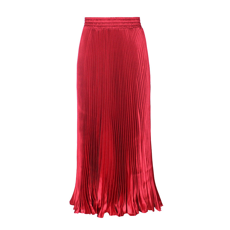 Satin Metallic Pleated Skirt Long Organ Skirt Long Skirt