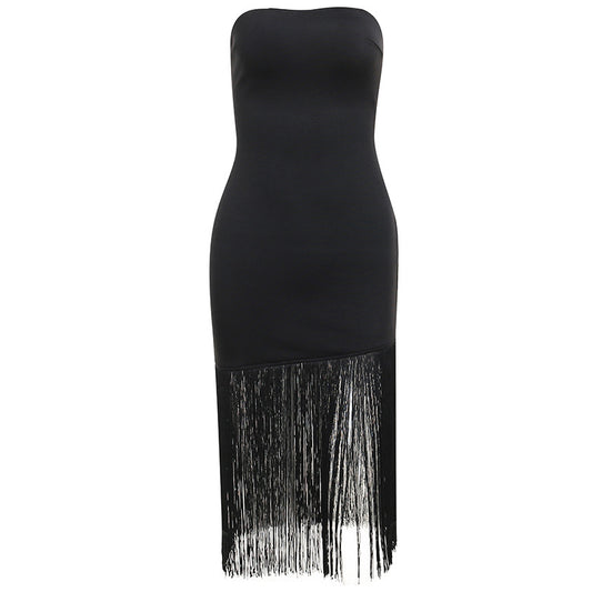 Long Fringe Strapless Split Dress