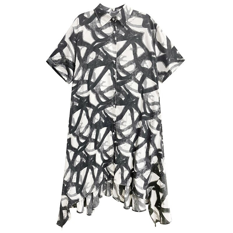 Asymmetrical Print Single Breasted Loose Dress