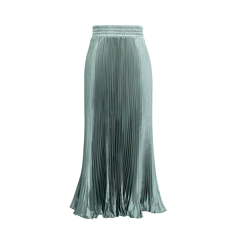 Satin Metallic Pleated Skirt Long Organ Skirt Long Skirt