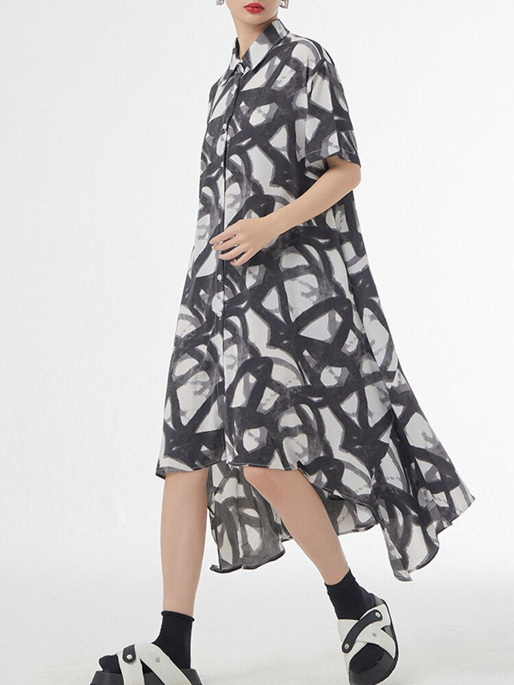 Asymmetrical Print Single Breasted Loose Dress