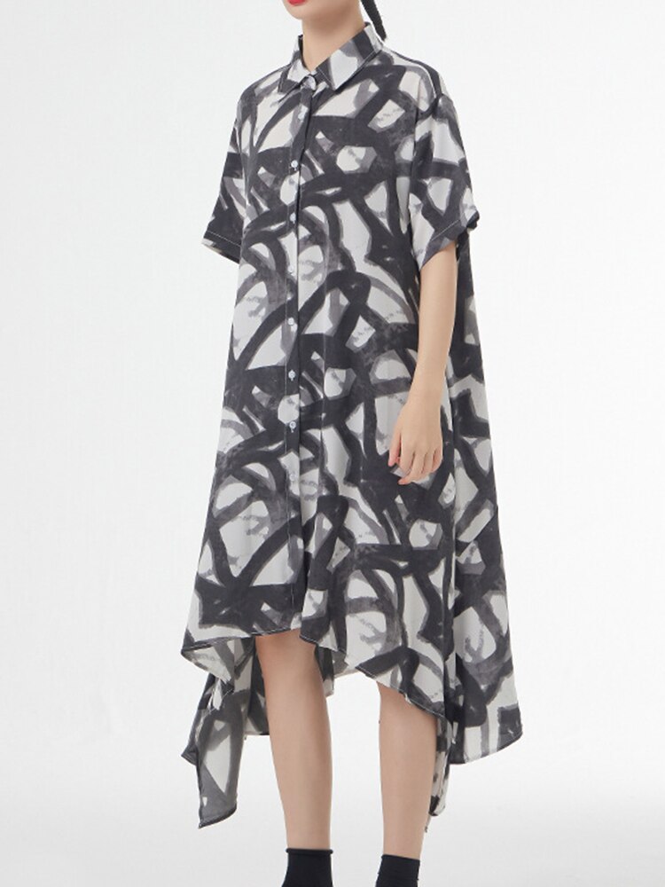 Asymmetrical Print Single Breasted Loose Dress