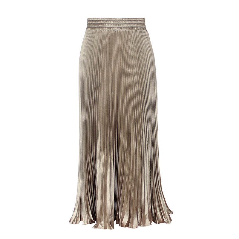 Satin Metallic Pleated Skirt Long Organ Skirt Long Skirt