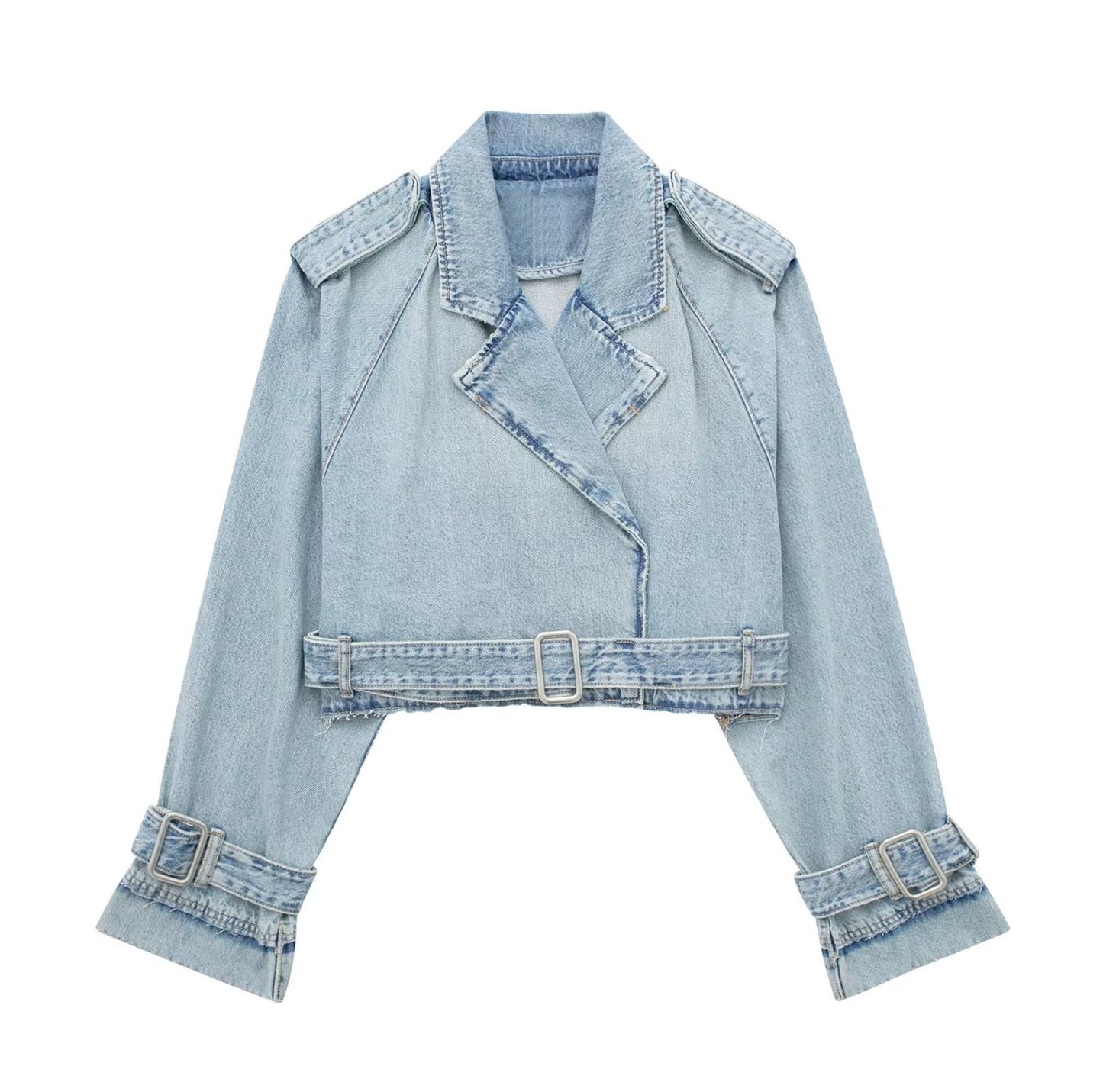 Denim Long Sleeve Belted Cropped Jacket