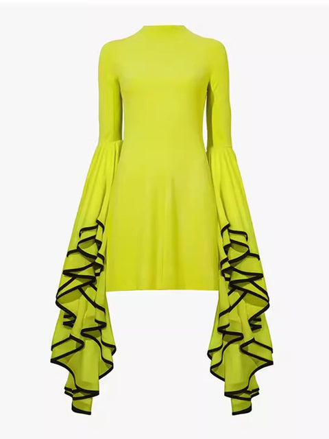 Butterfly Sleeve Spliced Ruffle Tunic Dress