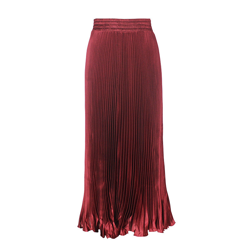 Satin Metallic Pleated Skirt Long Organ Skirt Long Skirt