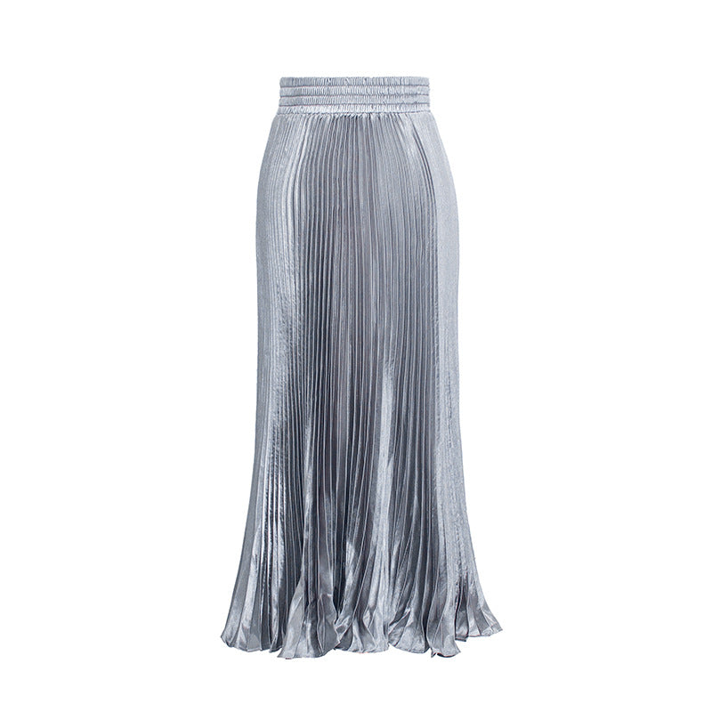 Satin Metallic Pleated Skirt Long Organ Skirt Long Skirt