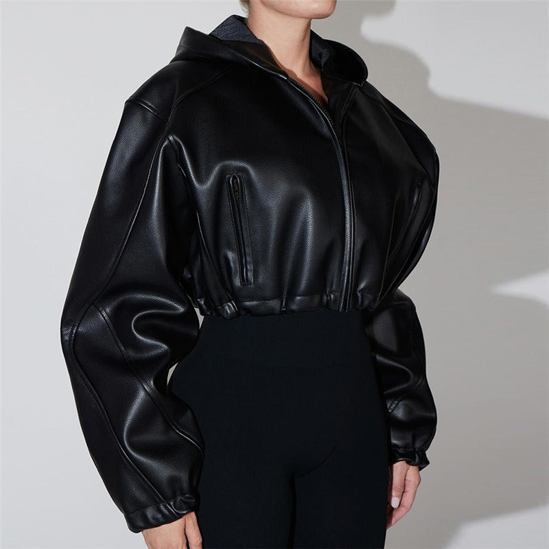 Faux Leather Long Sleeve Crop Jacket