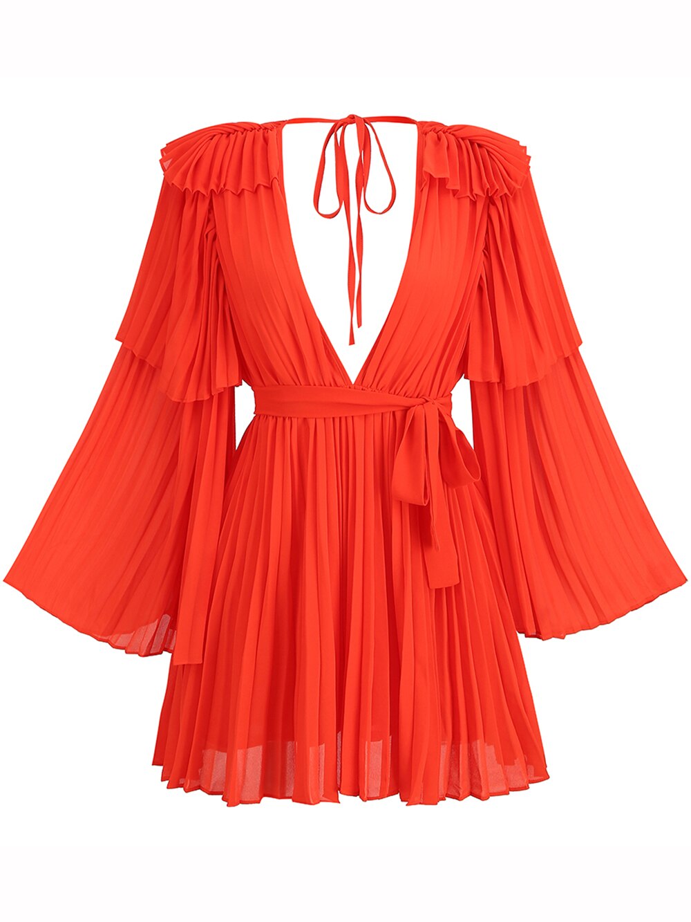 Flare Long Sleeve V-neck Pleated Chiffon Dress