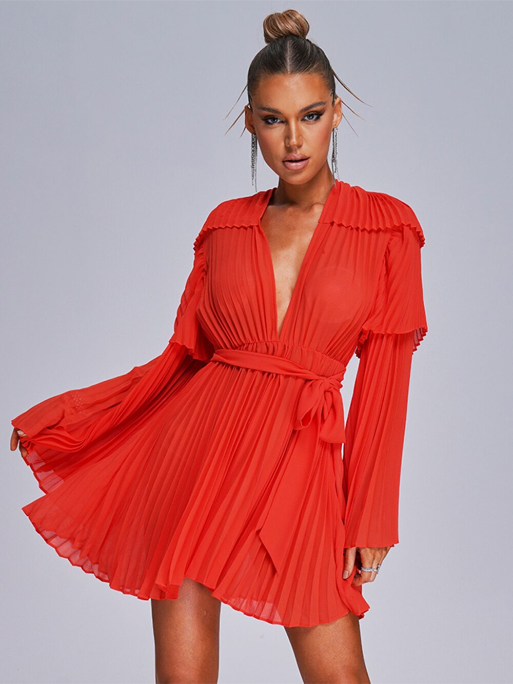 Flare Long Sleeve V-neck Pleated Chiffon Dress