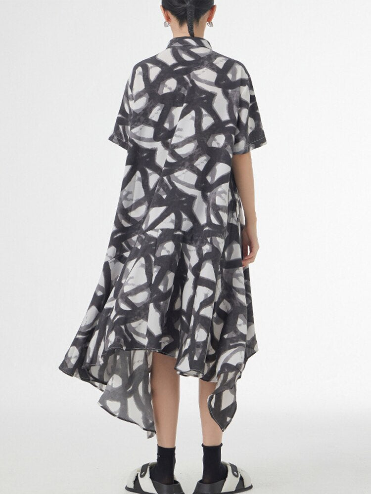 Asymmetrical Print Single Breasted Loose Dress