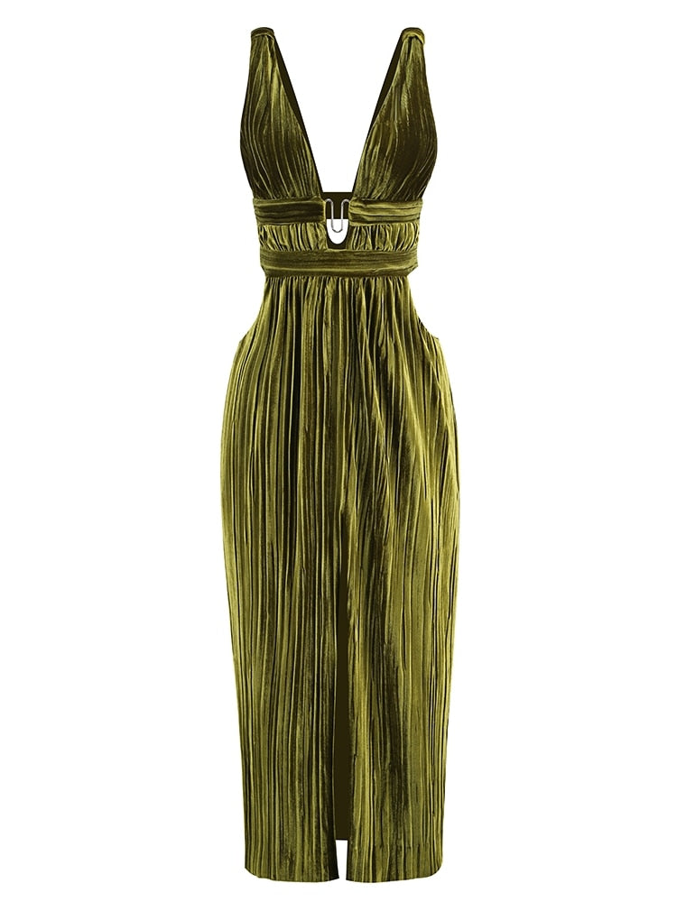 Sleeveless V Neck Cutout Backless High Waist Pleated Split Maxi Dress