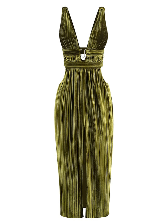 Sleeveless V Neck Cutout Backless High Waist Pleated Split Maxi Dress