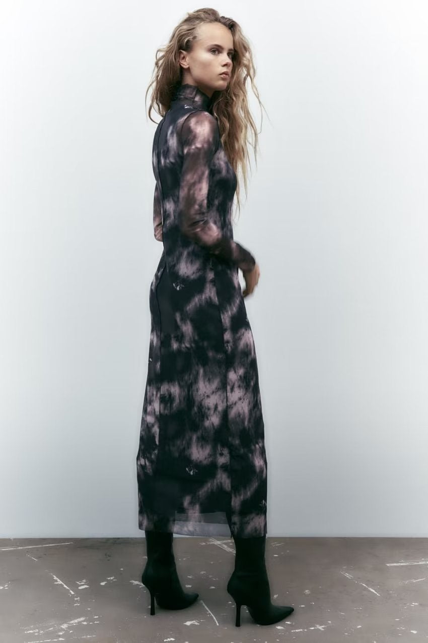 Smokey Abstract Slim Cut Long Sleeve Turtleneck Dress