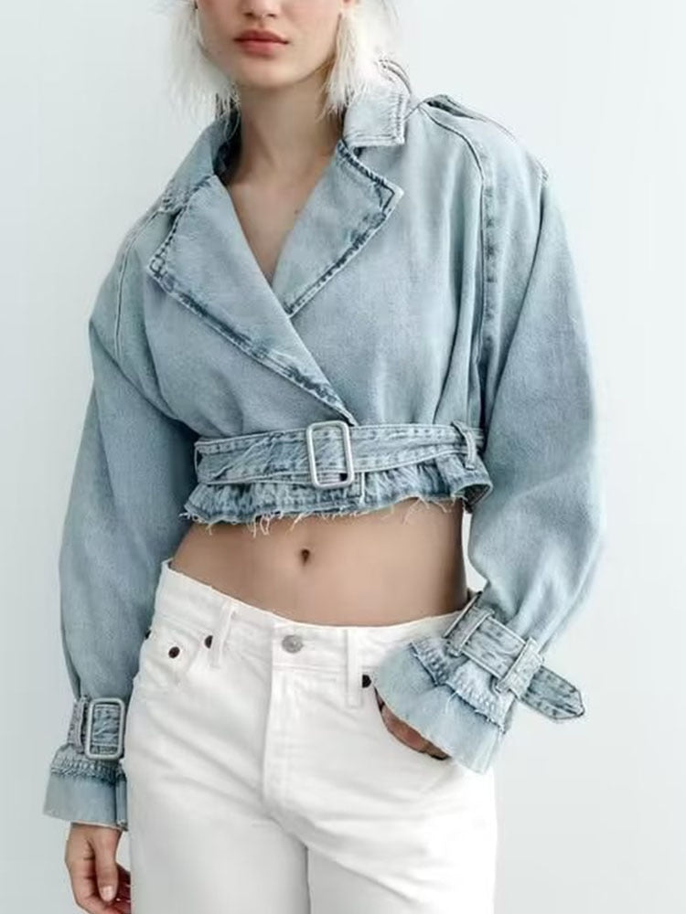 Denim Long Sleeve Belted Cropped Jacket