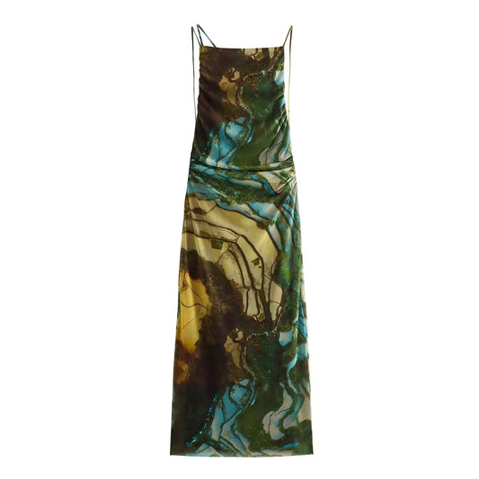 Abstract Open Back Printed Silk Mesh Dress