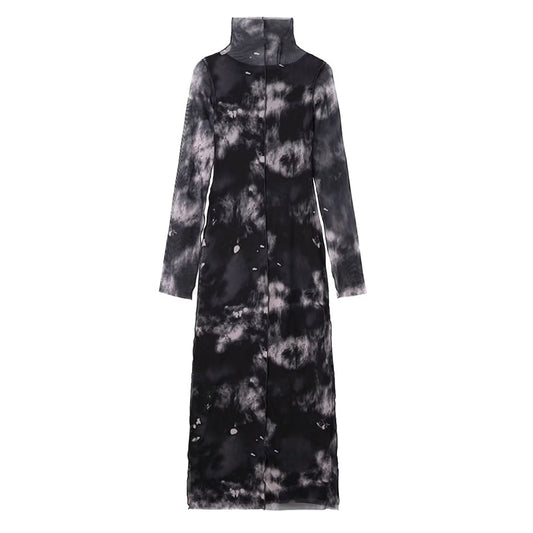 Smokey Abstract Slim Cut Long Sleeve Turtleneck Dress