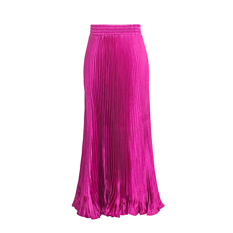 Satin Metallic Pleated Skirt Long Organ Skirt Long Skirt