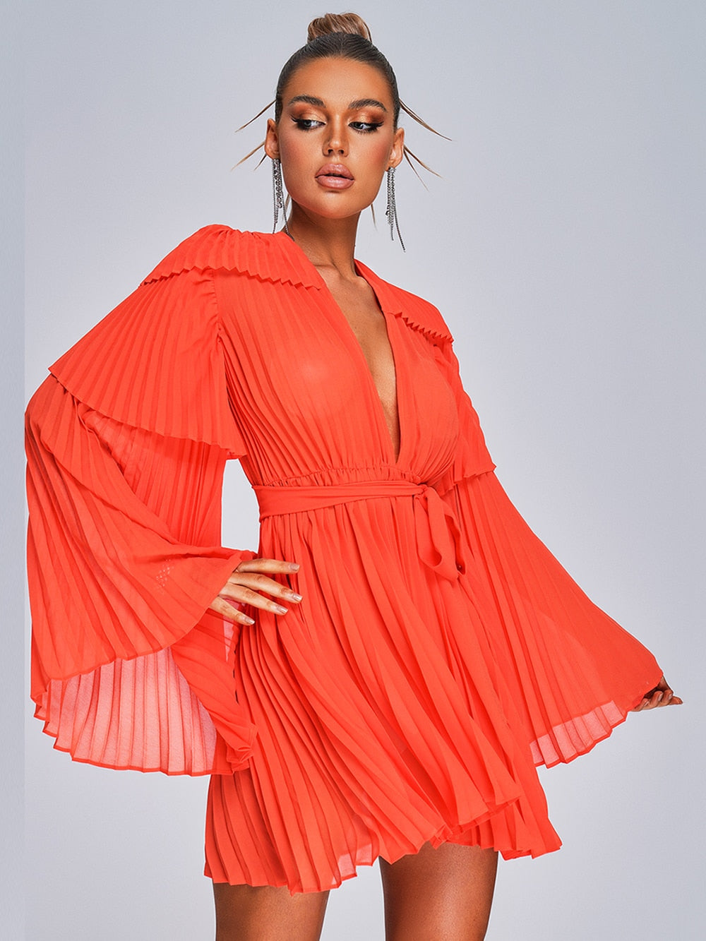 Flare Long Sleeve V-neck Pleated Chiffon Dress