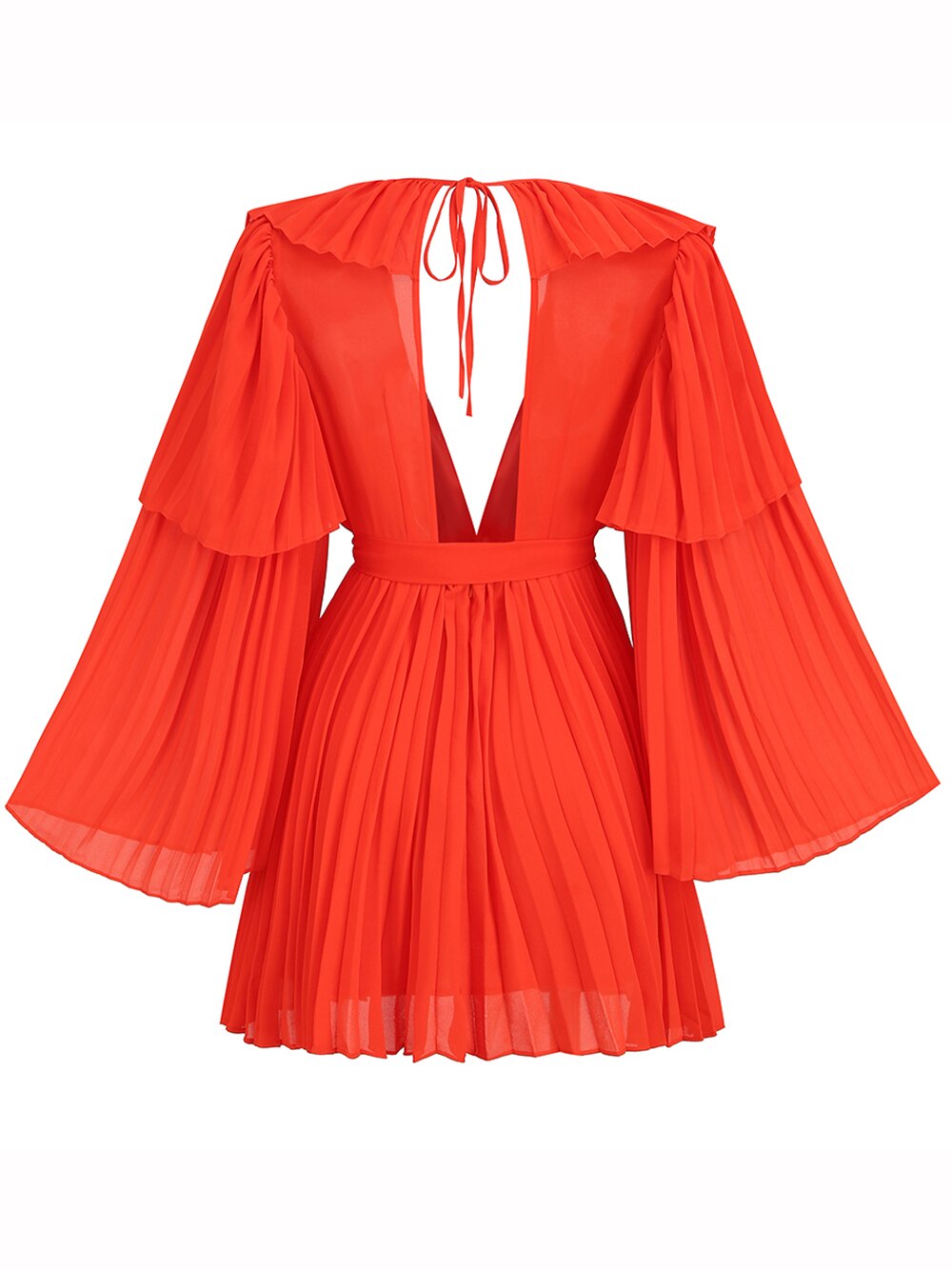 Flare Long Sleeve V-neck Pleated Chiffon Dress