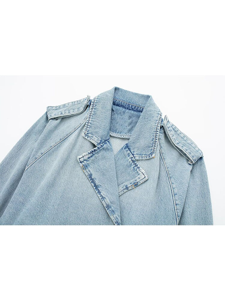 Denim Long Sleeve Belted Cropped Jacket