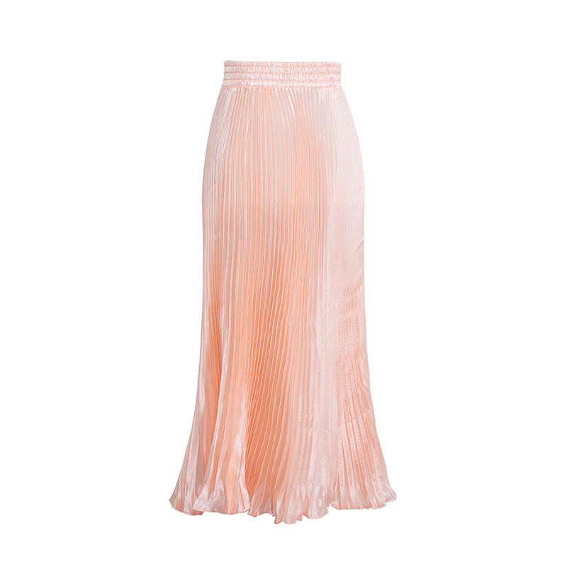 Satin Metallic Pleated Skirt Long Organ Skirt Long Skirt