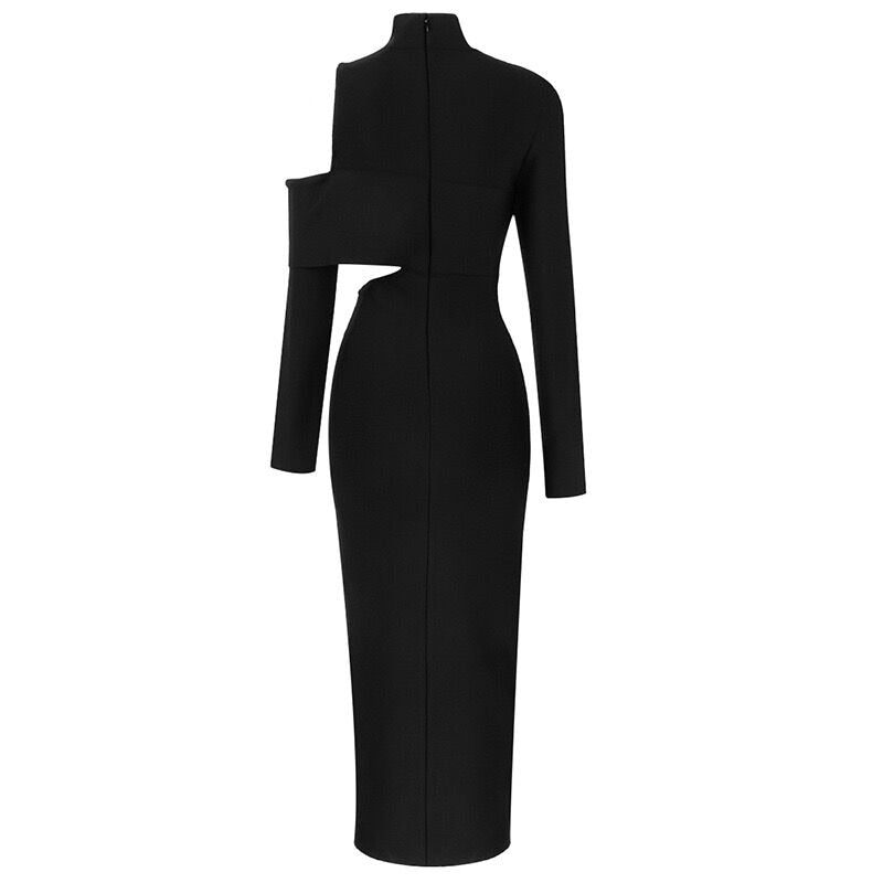 High Collar Elegant Cut Out Long Sleeve Slit Dress