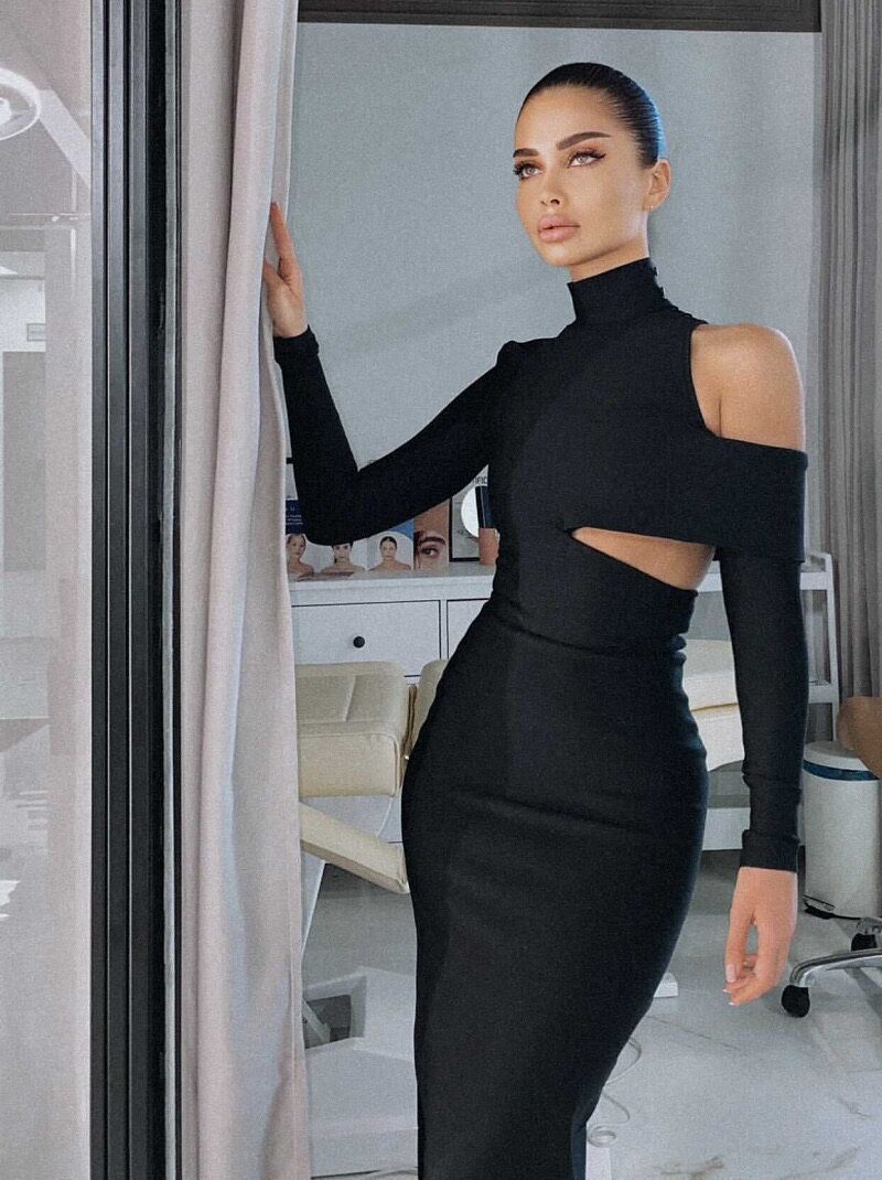 High Collar Elegant Cut Out Long Sleeve Slit Dress