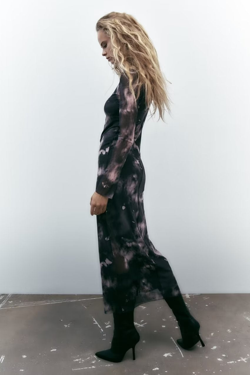 Smokey Abstract Slim Cut Long Sleeve Turtleneck Dress