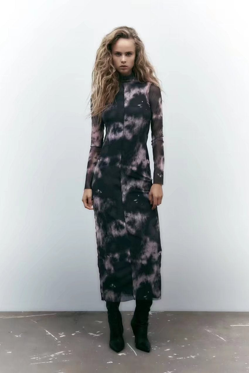 Smokey Abstract Slim Cut Long Sleeve Turtleneck Dress