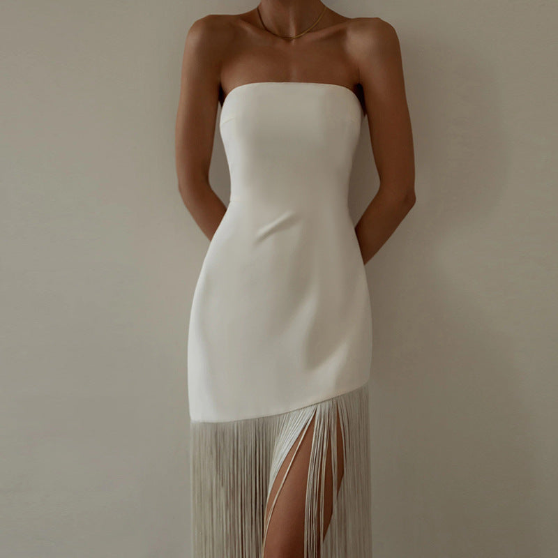 Long Fringe Strapless Split Dress