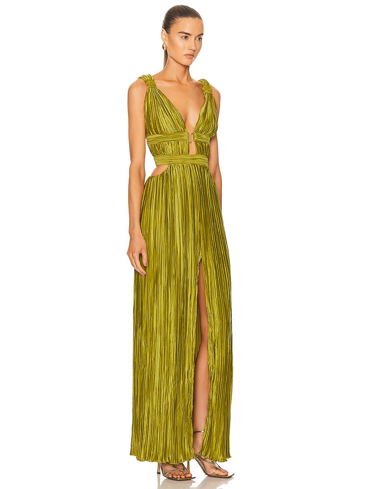 Sleeveless V Neck Cutout Backless High Waist Pleated Split Maxi Dress