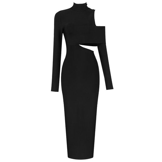 High Collar Elegant Cut Out Long Sleeve Slit Dress