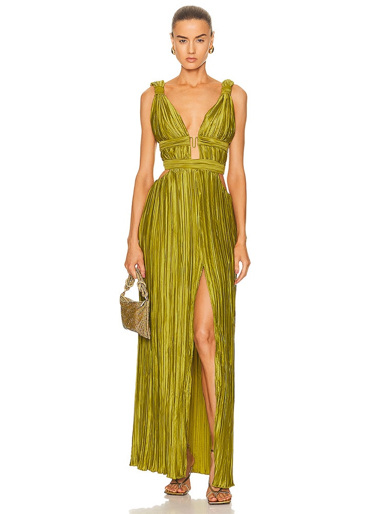 Sleeveless V Neck Cutout Backless High Waist Pleated Split Maxi Dress