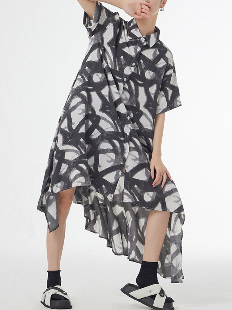 Asymmetrical Print Single Breasted Loose Dress