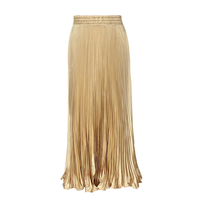 Satin Metallic Pleated Skirt Long Organ Skirt Long Skirt