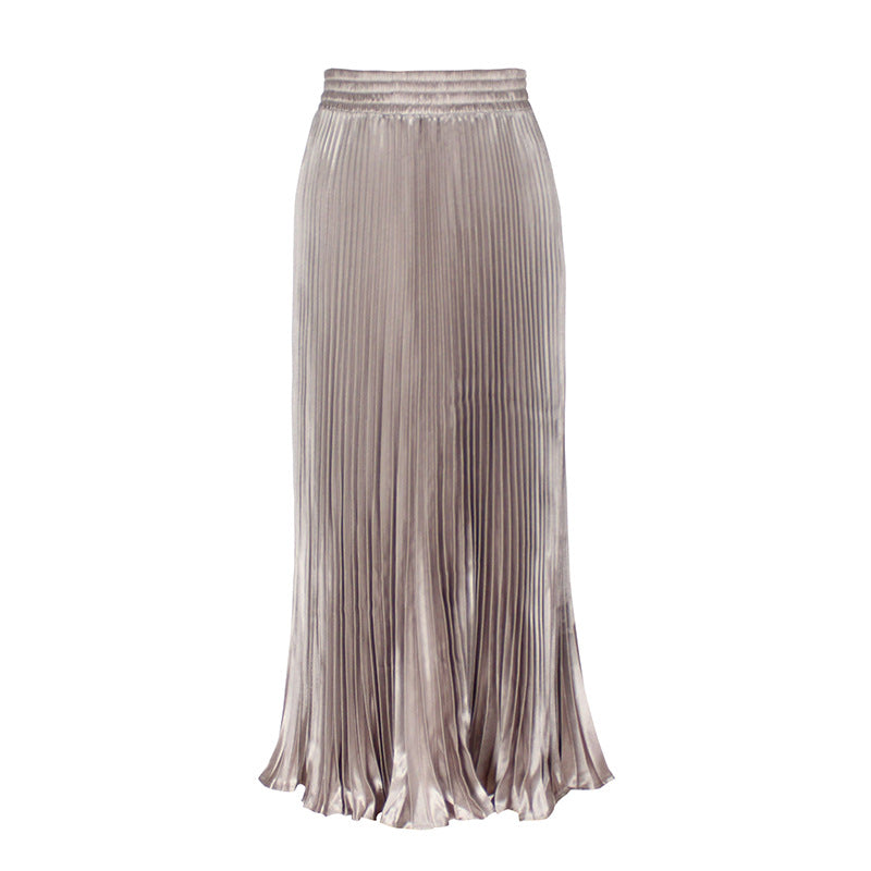 Satin Metallic Pleated Skirt Long Organ Skirt Long Skirt